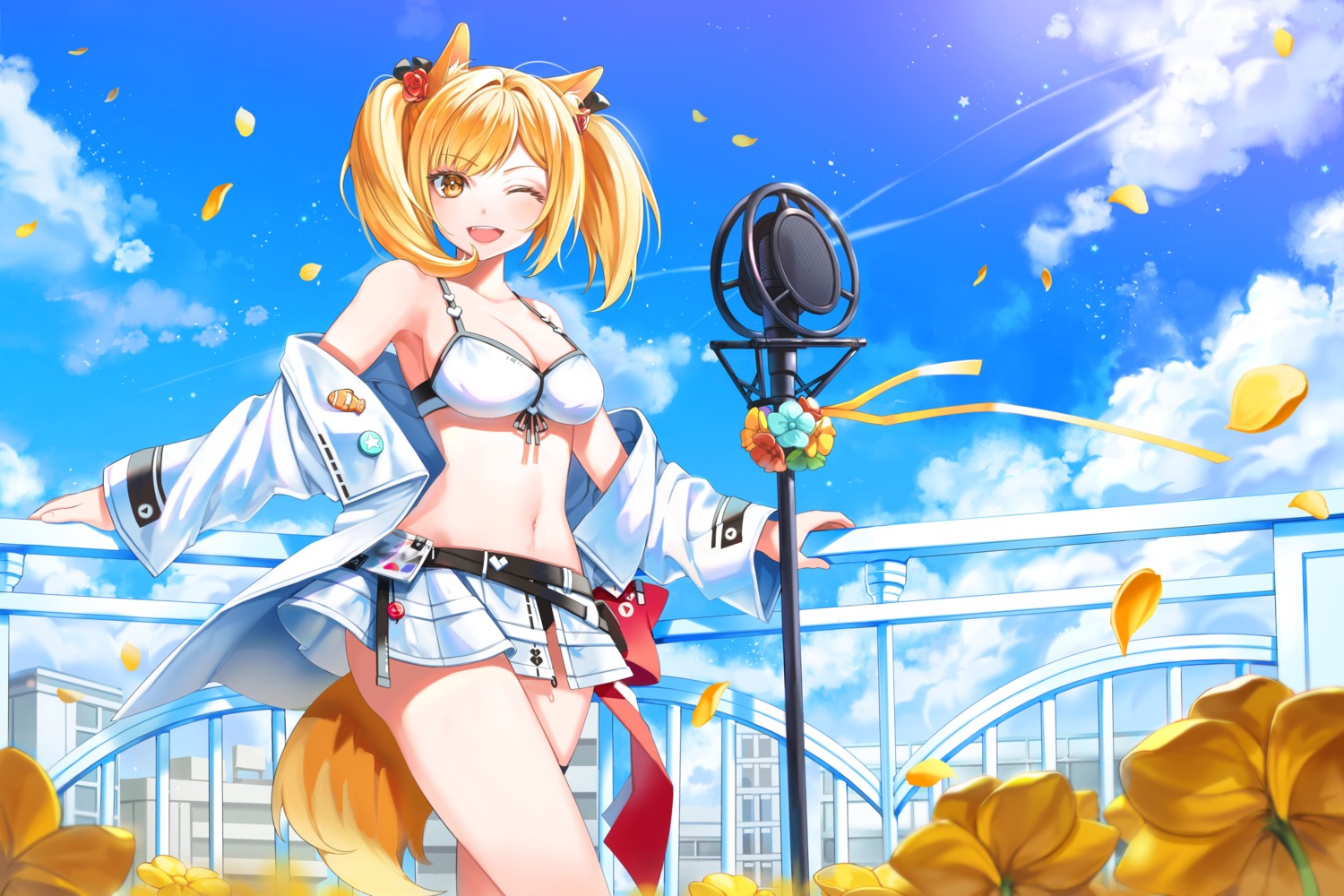animal_ears, arknights, bra, minori_(faddy), open_shirt, sora_(arknights), tail