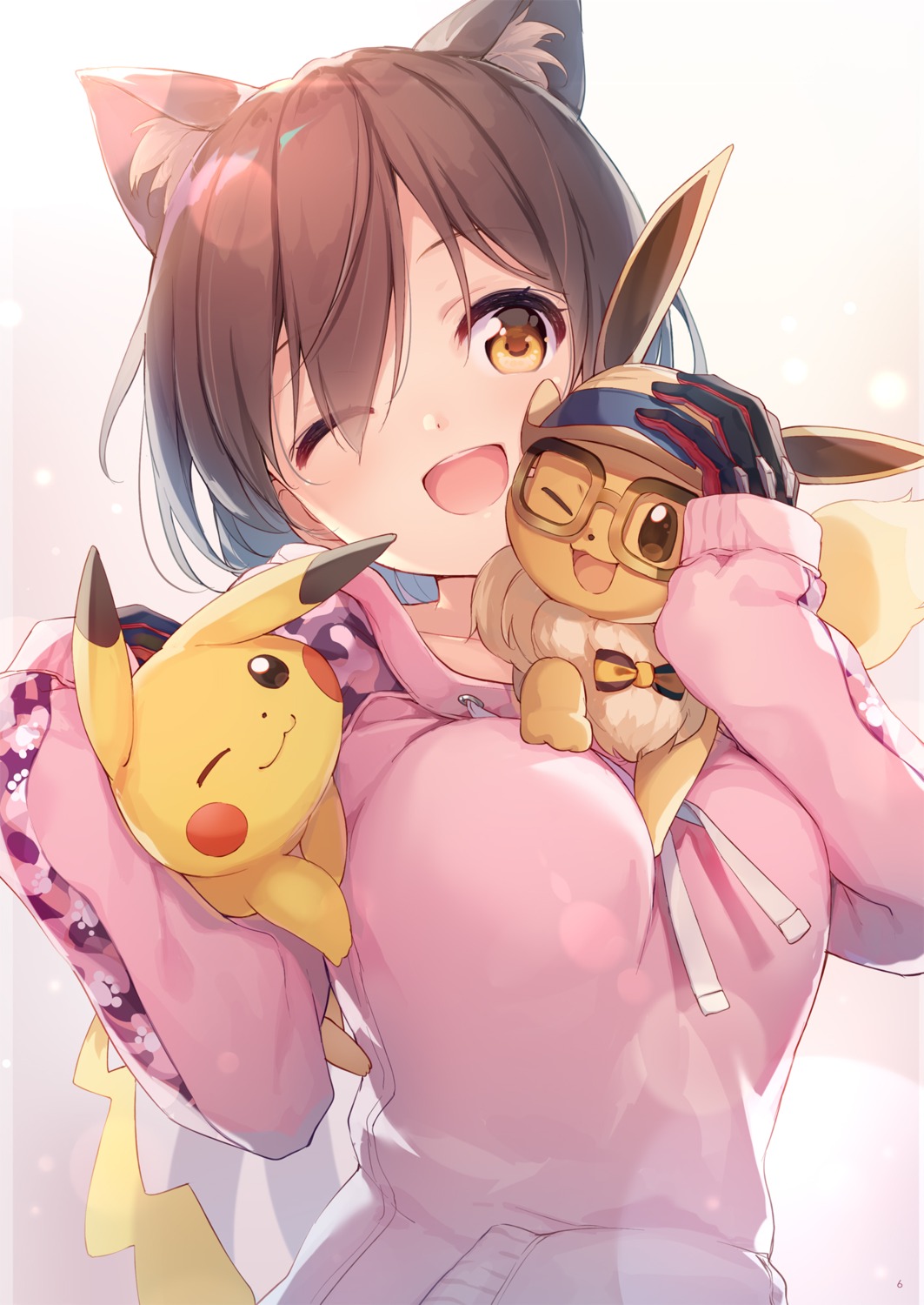 animal_ears, eevee, hololive, megane, nijihashi_sora, pikachu, pokemon, roboco-san