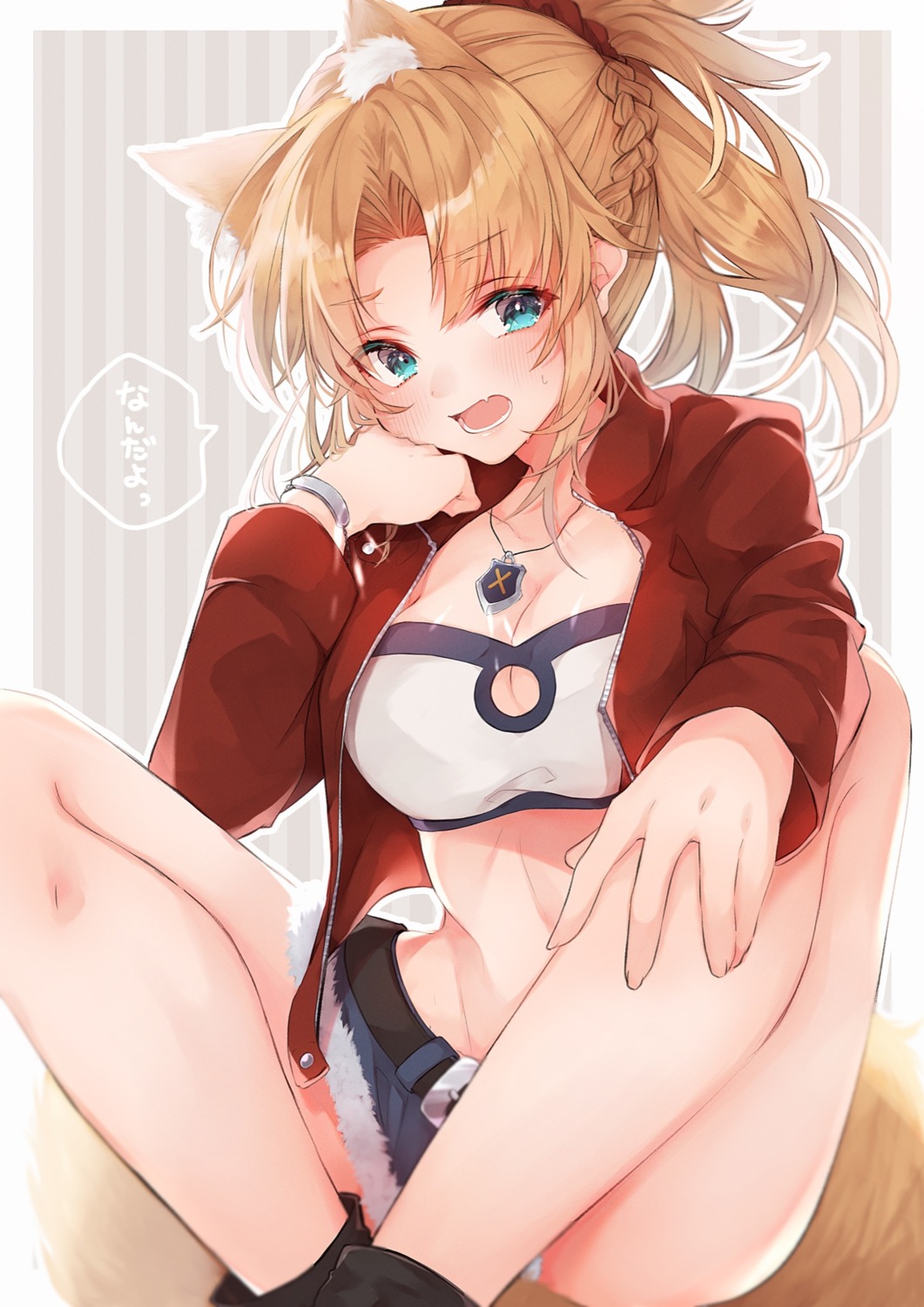 animal_ears, bra, cleavage, fate/grand_order, mordred_(fate), open_shirt, tail, takochan77
