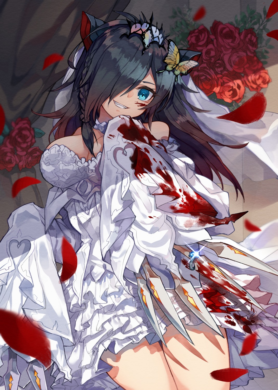 animal_ears, blood, cleavage, dress, kuuron, nekomimi, puzzle_&_dragons, weapon, wedding_dress