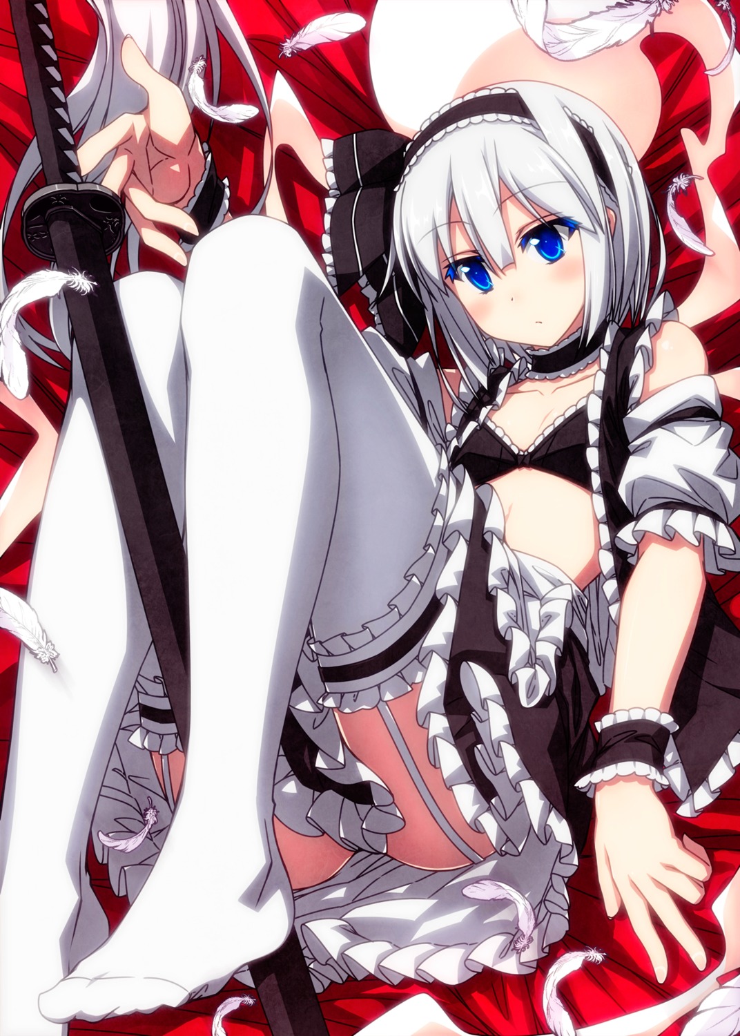 bra, feet, konpaku_youmu, maid, myon, open_shirt, sazanami_mio, stockings, sword, thighhighs, touhou