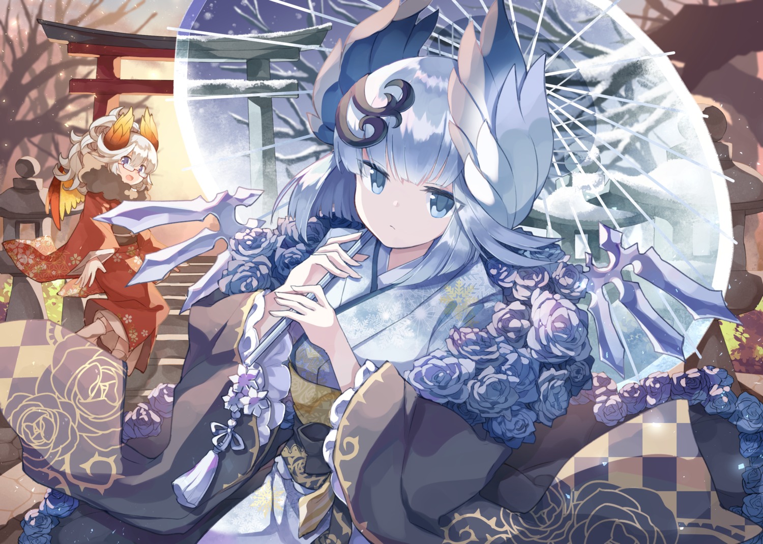 kimono, kuuron, megane, puzzle_&_dragons, umbrella, wings