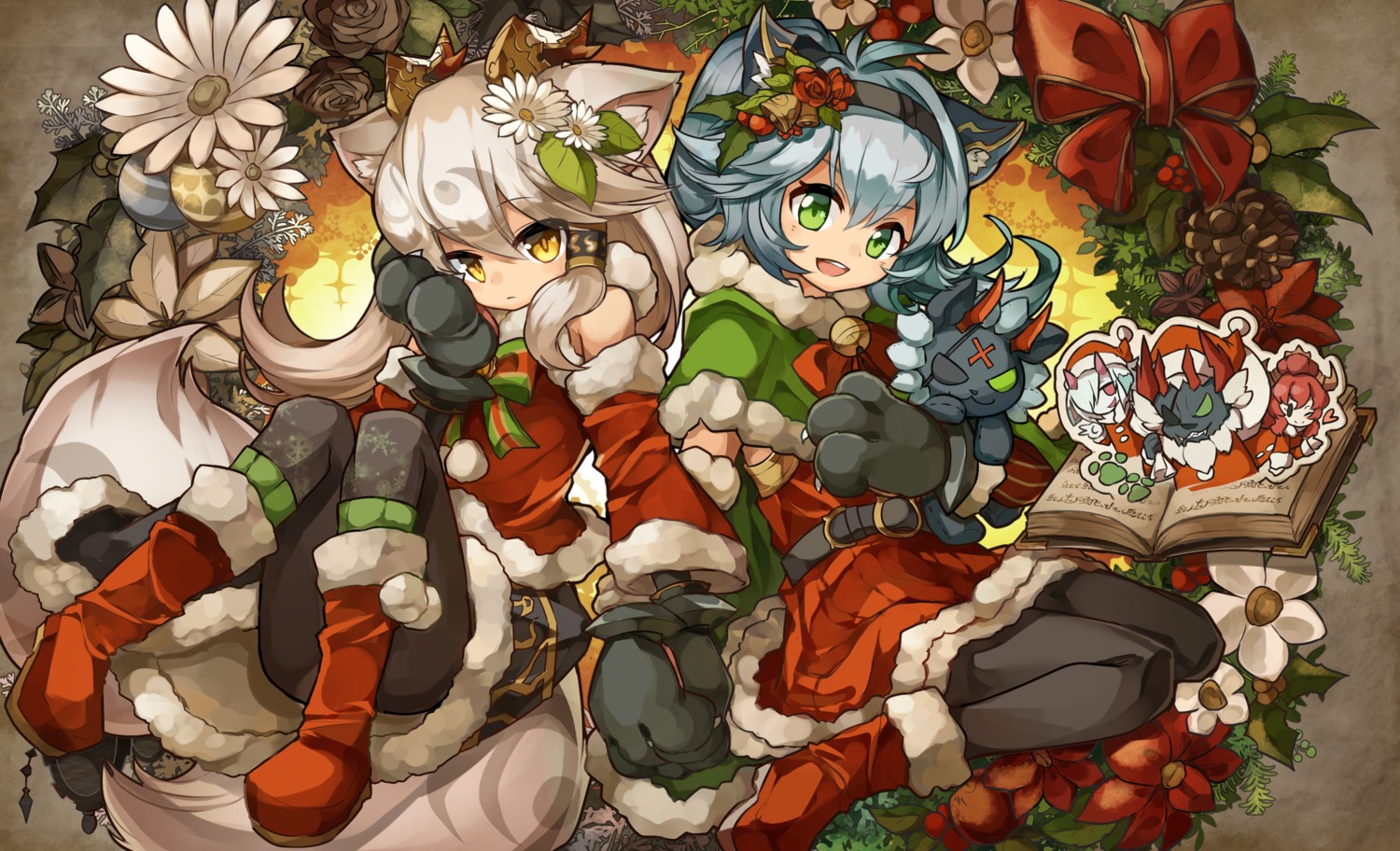 animal_ears, christmas, dress, kuuron, pantyhose, puzzle_&_dragons, skirt_lift