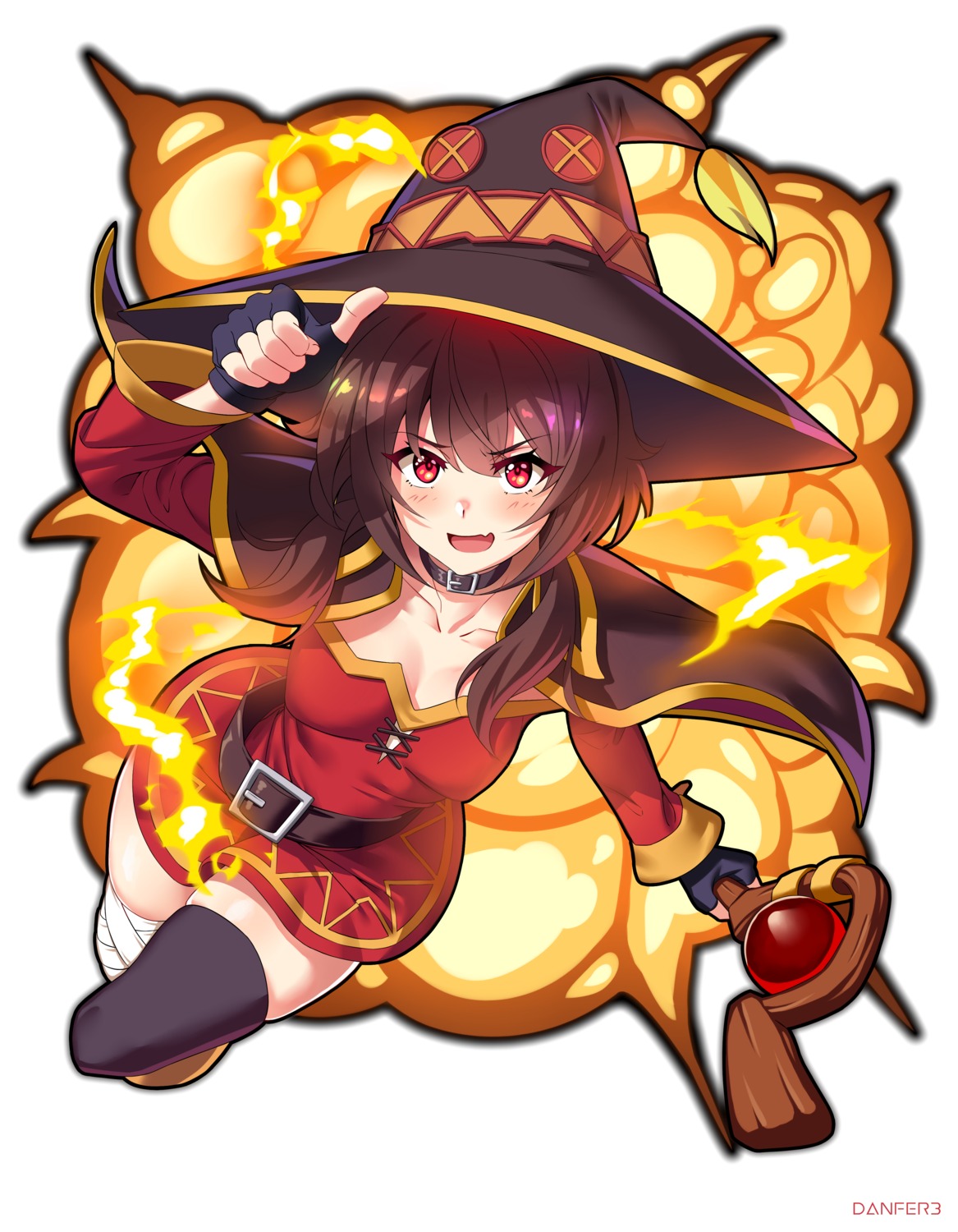 bandages, cleavage, danfer3, dress, kono_subarashii_sekai_ni_shukufuku_wo!, megumin, skirt_lift, thighhighs, weapon, witch