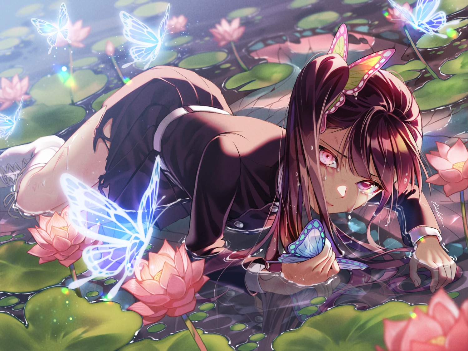 iria_(yumeirokingyo), kimetsu_no_yaiba, torn_clothes, tsuyuri_kanao, uniform, wet