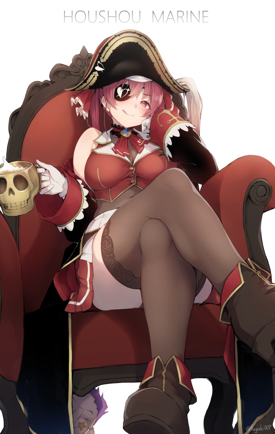 eyepatch, hololive, houshou_marine, nanahara_fuyuki, pirate, skirt_lift, thighhighs