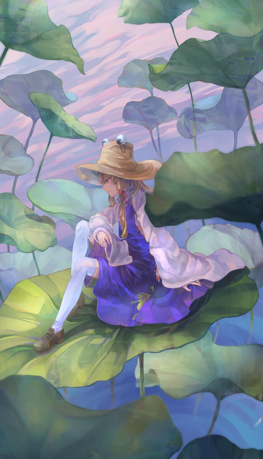 gu_hu, moriya_suwako, skirt_lift, thighhighs, touhou
