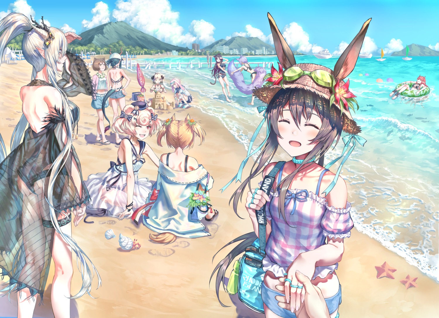amiya_(arknights), animal_ears, ansel_(arknights), arknights, ass, bikini, bunny_ears, ch'en_(arknights)