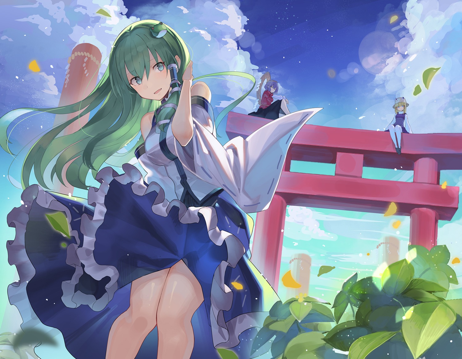 dress, japanese_clothes, kochiya_sanae, moriya_suwako, pantyhose, rin_falcon, skirt_lift, touhou