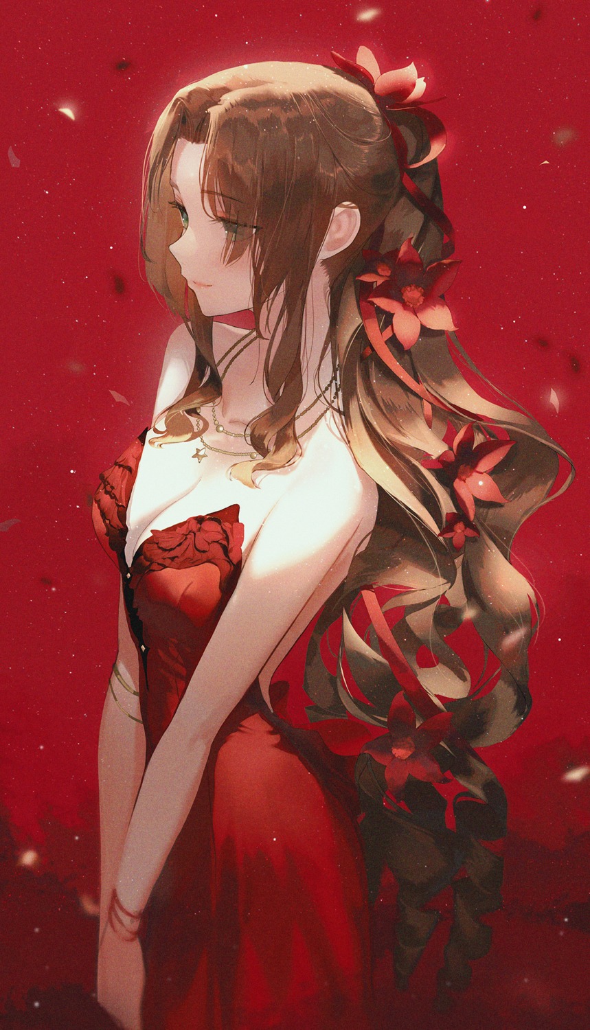 aerith_gainsborough, cleavage, dress, final_fantasy, final_fantasy_vii, no_bra, seol