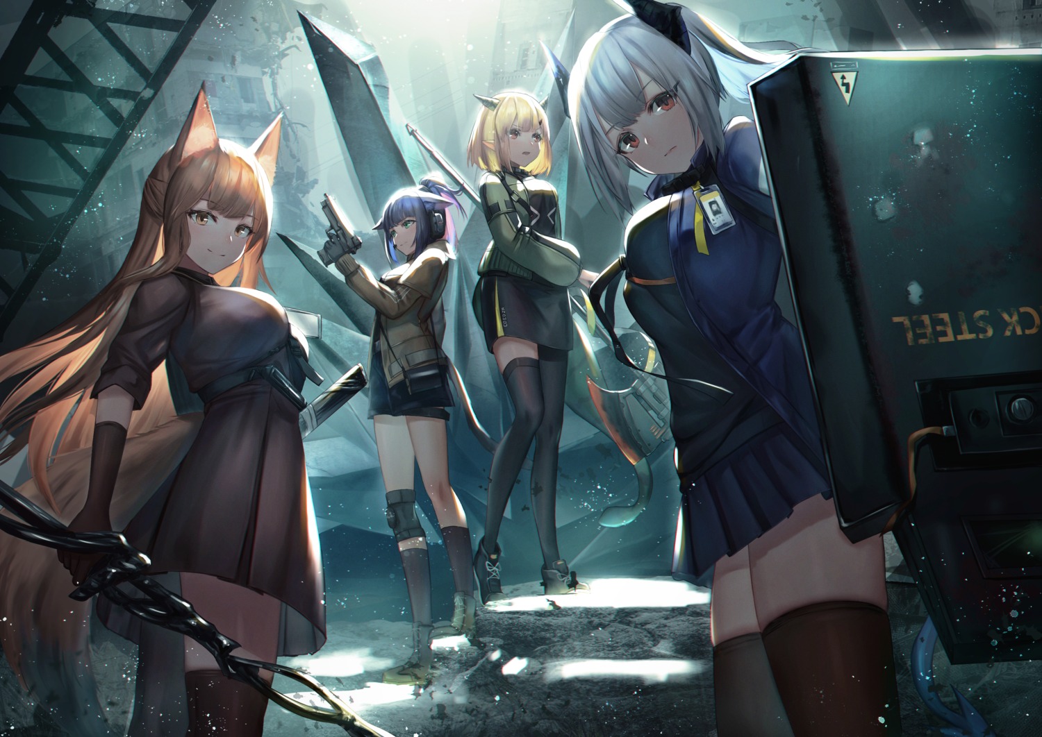 animal_ears, arknights, dolce_(dolsuke), franka_(arknights), gun, horns, jessica_(arknights), liskarm_(arknights), sword, tail, thighhighs, vanilla_(arknights), weapon