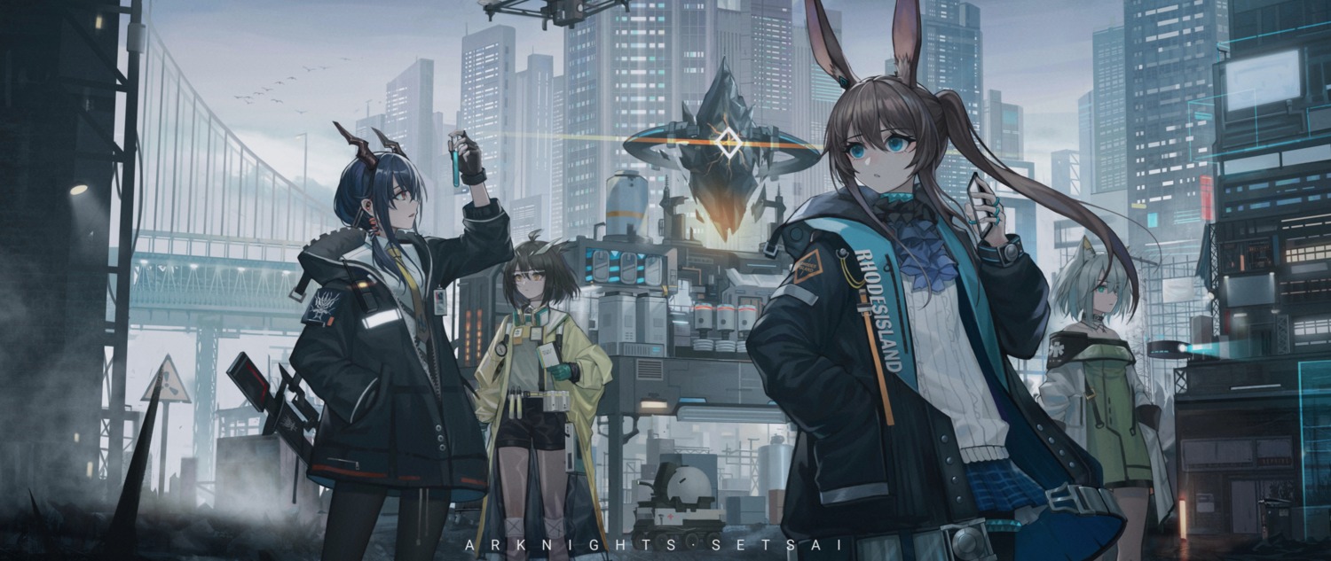 amiya_(arknights), animal_ears, arknights, bunny_ears, ch'en_(arknights), garter, horns, kal'tsit_(arknights)