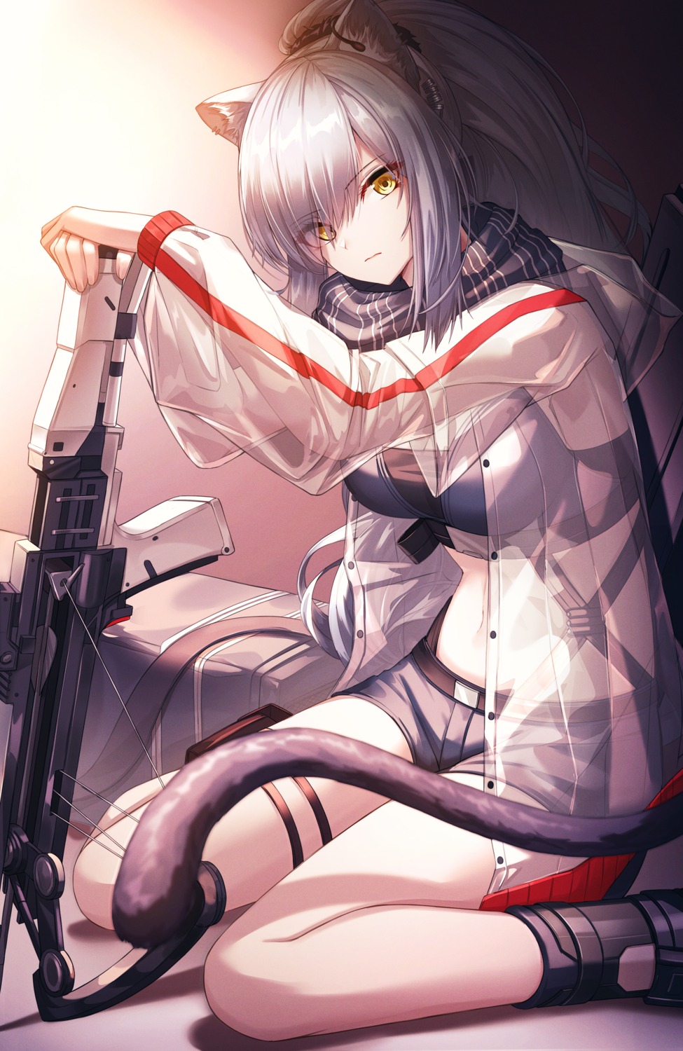 animal_ears, arknights, cleavage, cow-ring, garter, open_shirt, schwarz_(arknights), see_through, tail, weapon