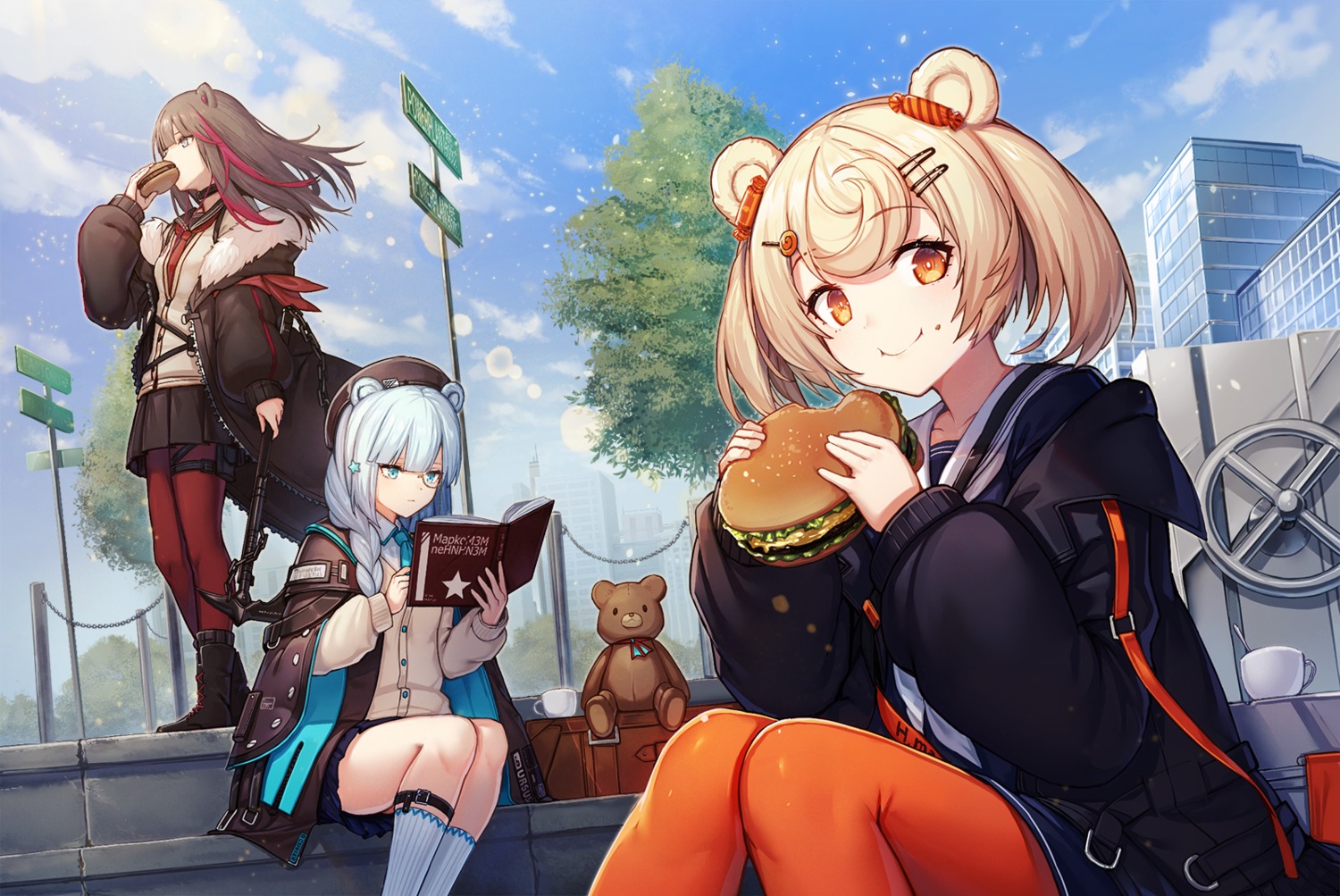 amano_misaki_(artist), animal_ears, arknights, garter, gummy_(arknights), istina_(arknights), megane, pantyhose