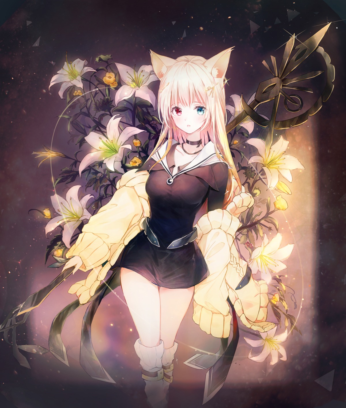 an_, animal_ears, arknights, dress, heterochromia, nightmare_(arknights), sweater, thighhighs
