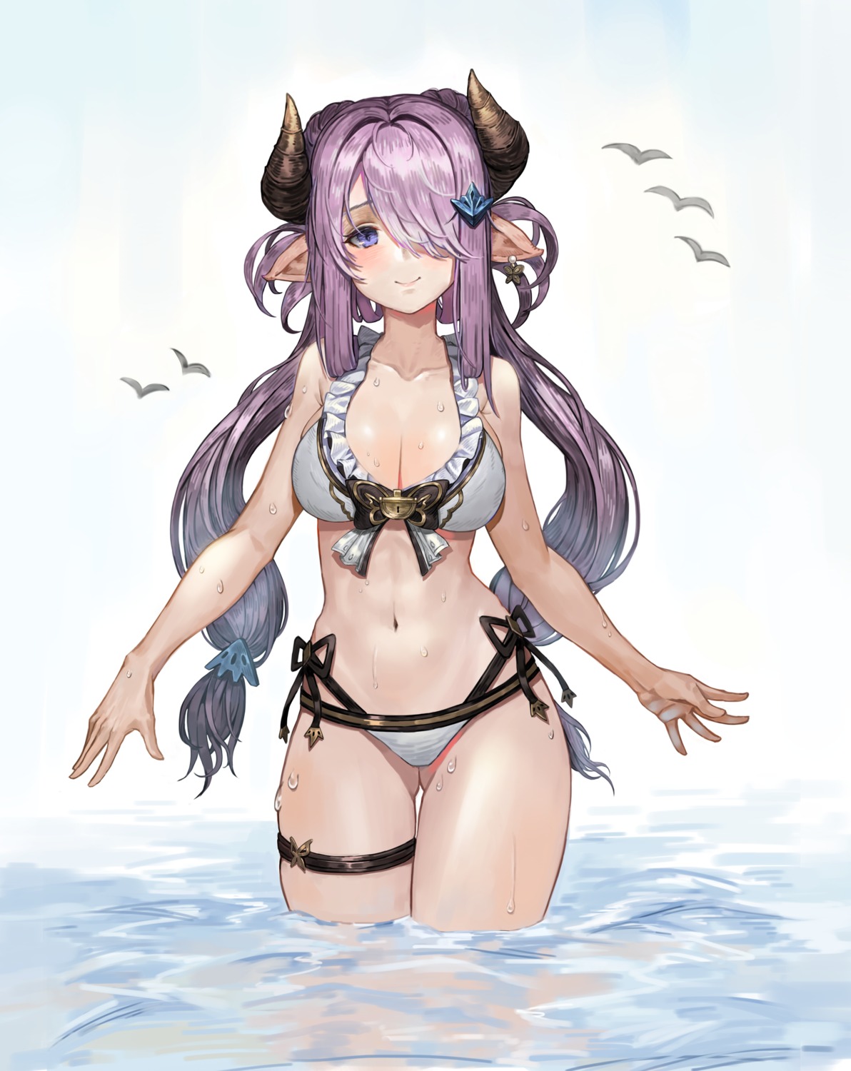 bikini, chobbb, garter, granblue_fantasy, horns, narumeia_(granblue_fantasy), pointy_ears, swimsuits