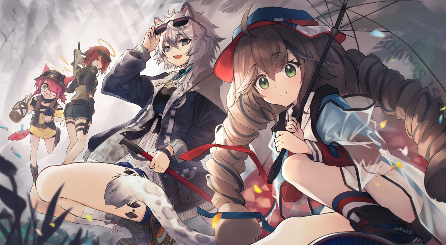 angel, animal_ears, arknights, cliffheart_(arknights), cuora_(arknights), diieru, exusiai_(arknights), garter, gun, megane, myrrh_(arknights), see_through, sword, tail, thighhighs, umbrella, wings