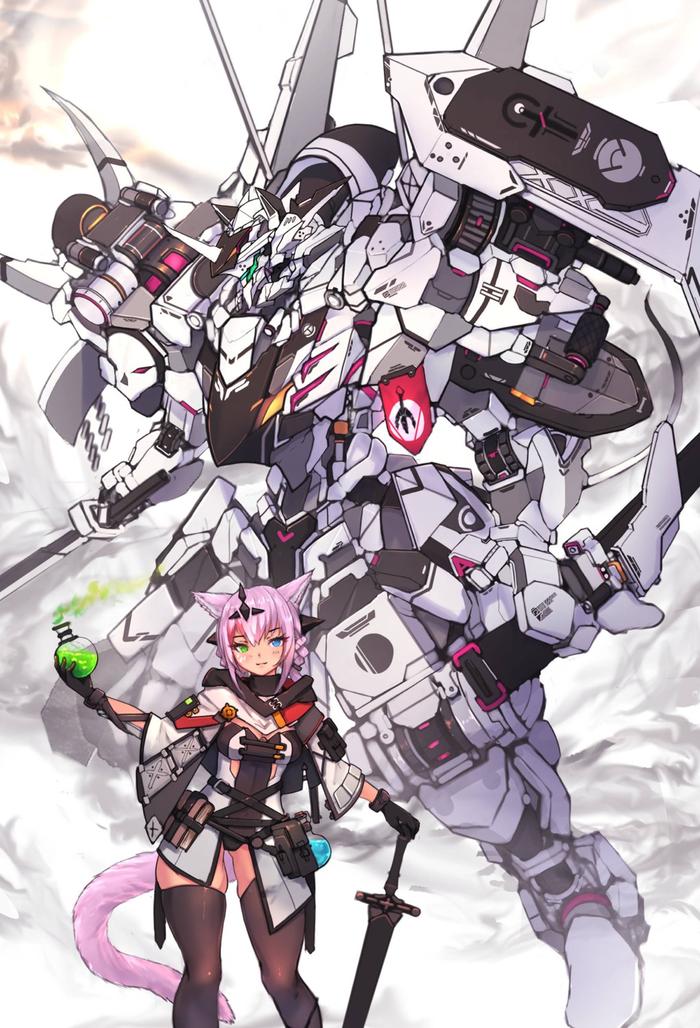 animal_ears, mecha, sword, syaha, thighhighs