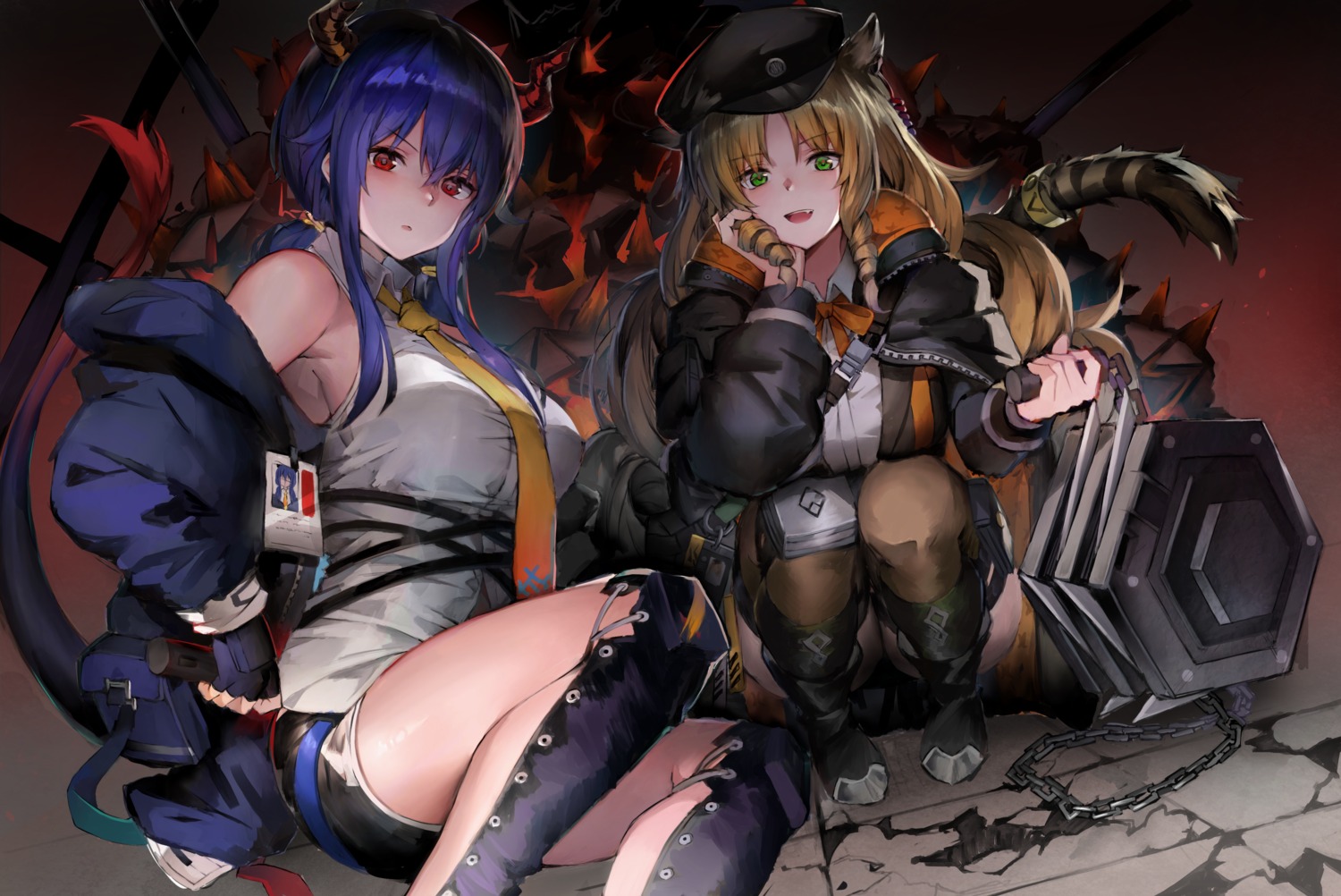 666_(ro_ro_ro3), animal_ears, arknights, ch'en_(arknights), horns, pantyhose, swire_(arknights), tail