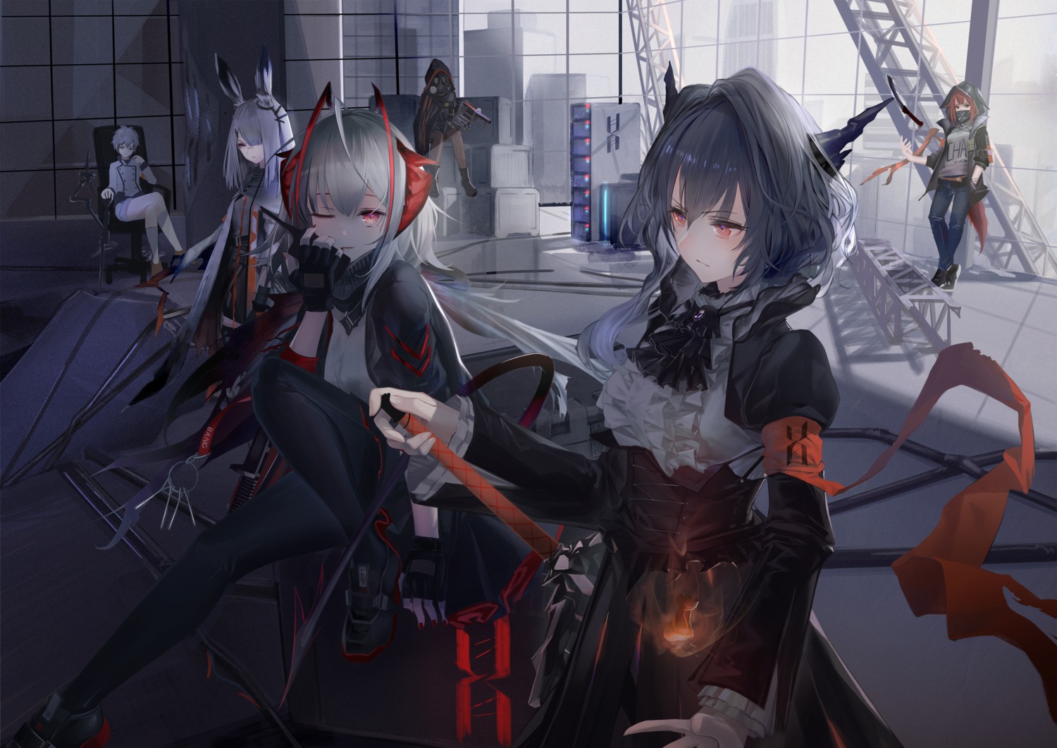 animal_ears, arknights, bunny_ears, crownslayer_(arknights), frostnova_(arknights), gun, horns, me/r, pantyhose, sword, tail, talulah_(arknights), w_(arknights)