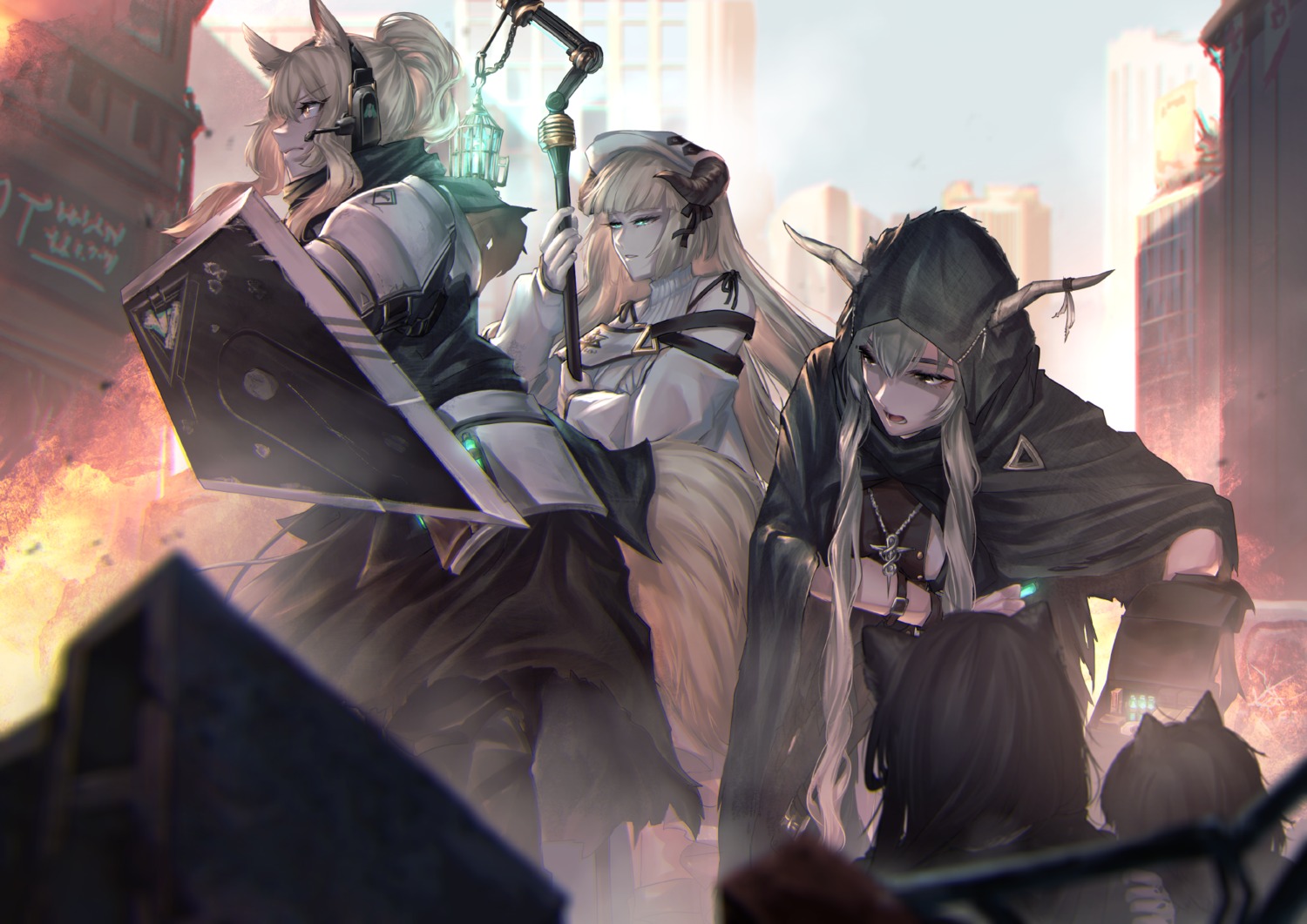 animal_ears, arknights, headphones, horns, kanjou_jouki, nearl_(arknights), nightingale_(arknights), shining_(arknights)