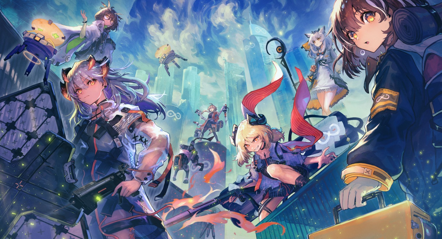animal_ears, arknights, gun, horns, ifrit_(arknights), magallan_(arknights), mayer_(arknights), megane