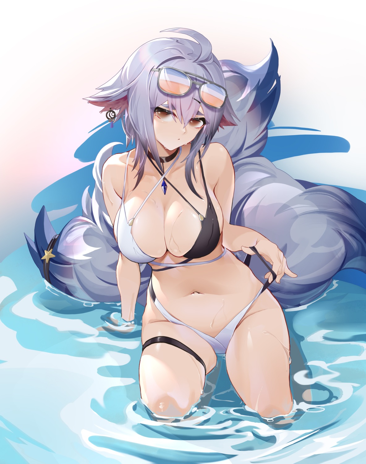 animal_ears, azur_lane, bikini, garter, kitsune, megane, swimsuits, tail