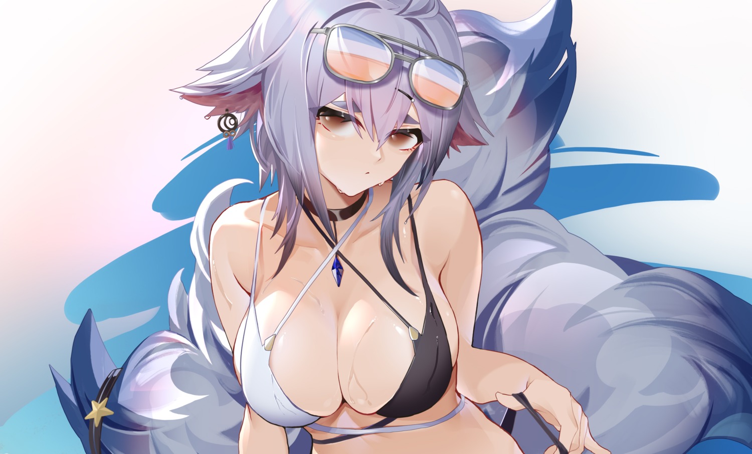 animal_ears, azur_lane, bikini, garter, kitsune, megane, swimsuits, tail
