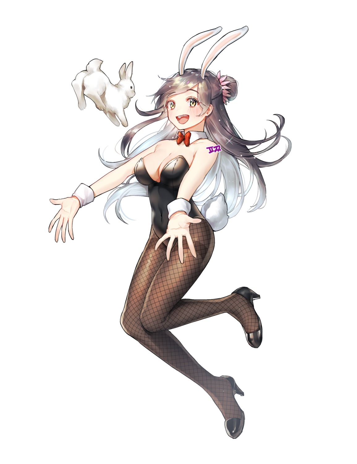 animal_ears, bunny_ears, bunny_girl, cleavage, fishnets, heels, no_bra, pantyhose