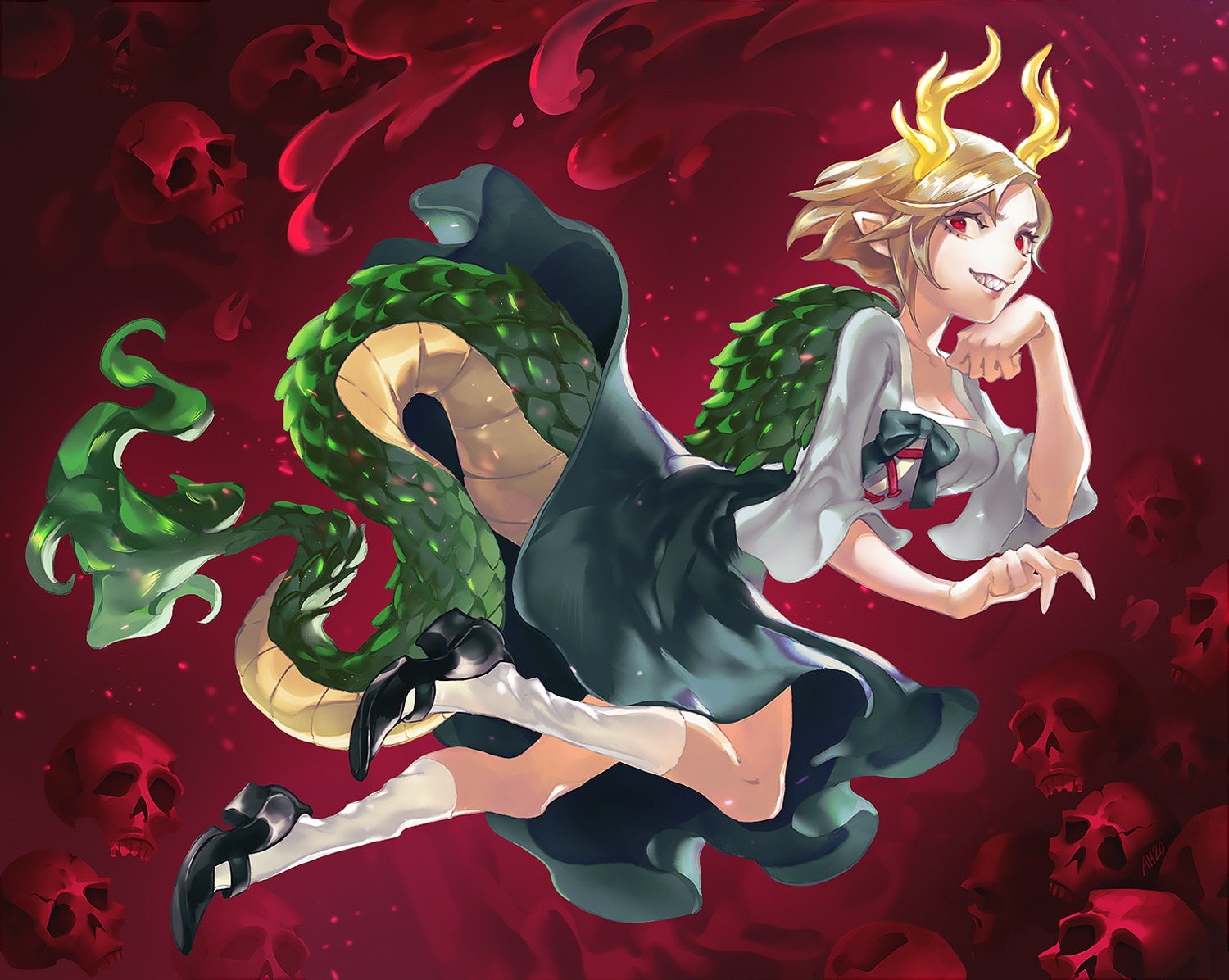 arlmuffin, asian_clothes, cleavage, heels, horns, kicchou_yachie, pointy_ears, skirt_lift