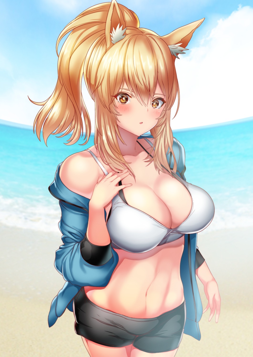 animal_ears, arknights, bikini_top, effort_star, nearl_(arknights), open_shirt, swimsuits