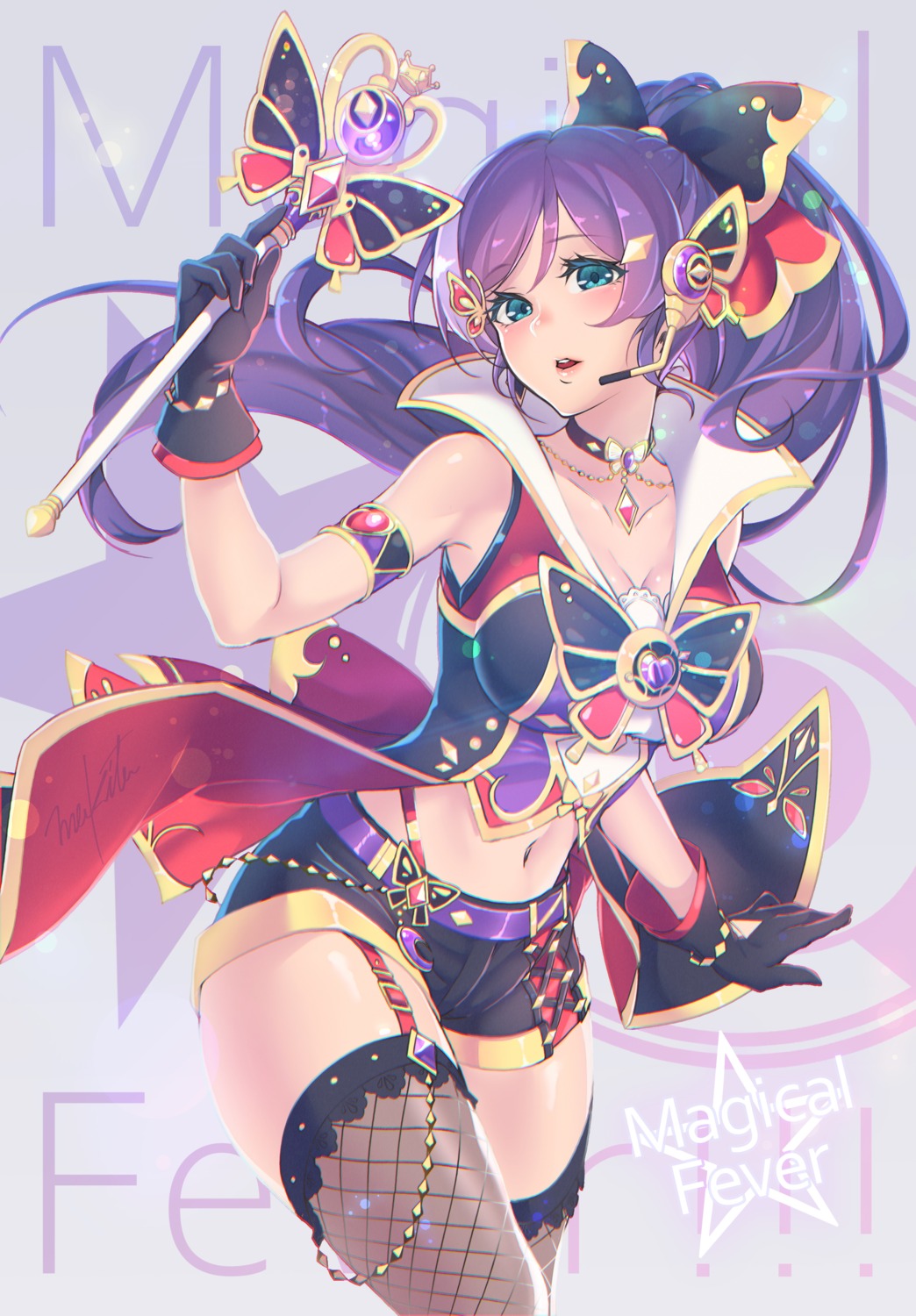 cleavage, fishnets, headphones, love_live!, love_live!_(series), makita_(twosidegekilove), stockings, thighhighs, toujou_nozomi, weapon