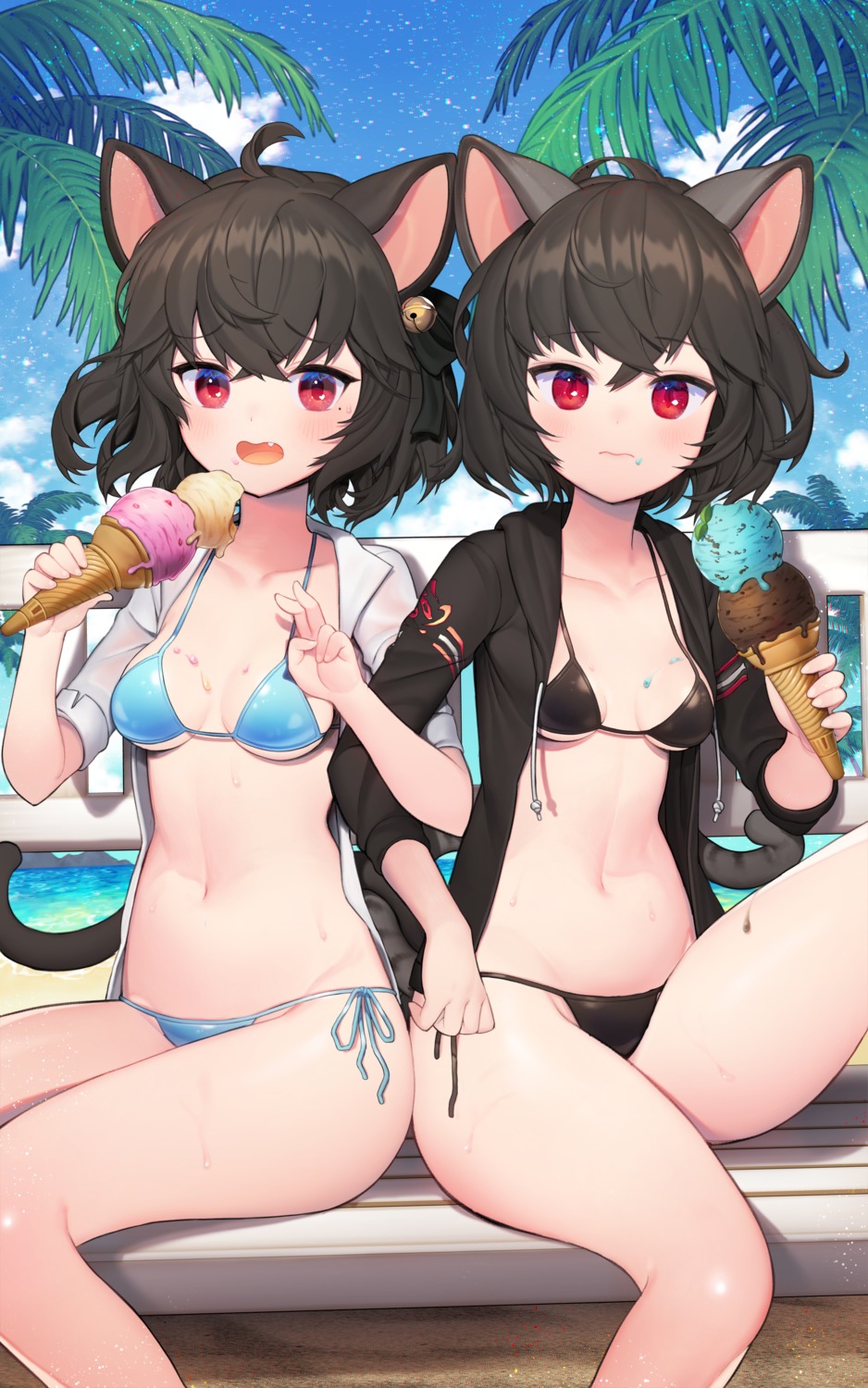 animal_ears, bikini, blade_&_soul, cream, kuang1104, nekomimi, open_shirt, see_through