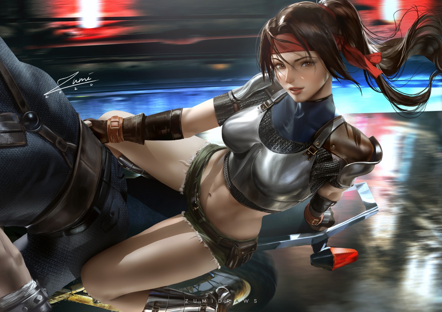 armor, final_fantasy, final_fantasy_vii, jessie_rasberry, official_watermark, torn_clothes, zumi_(zumidraws)