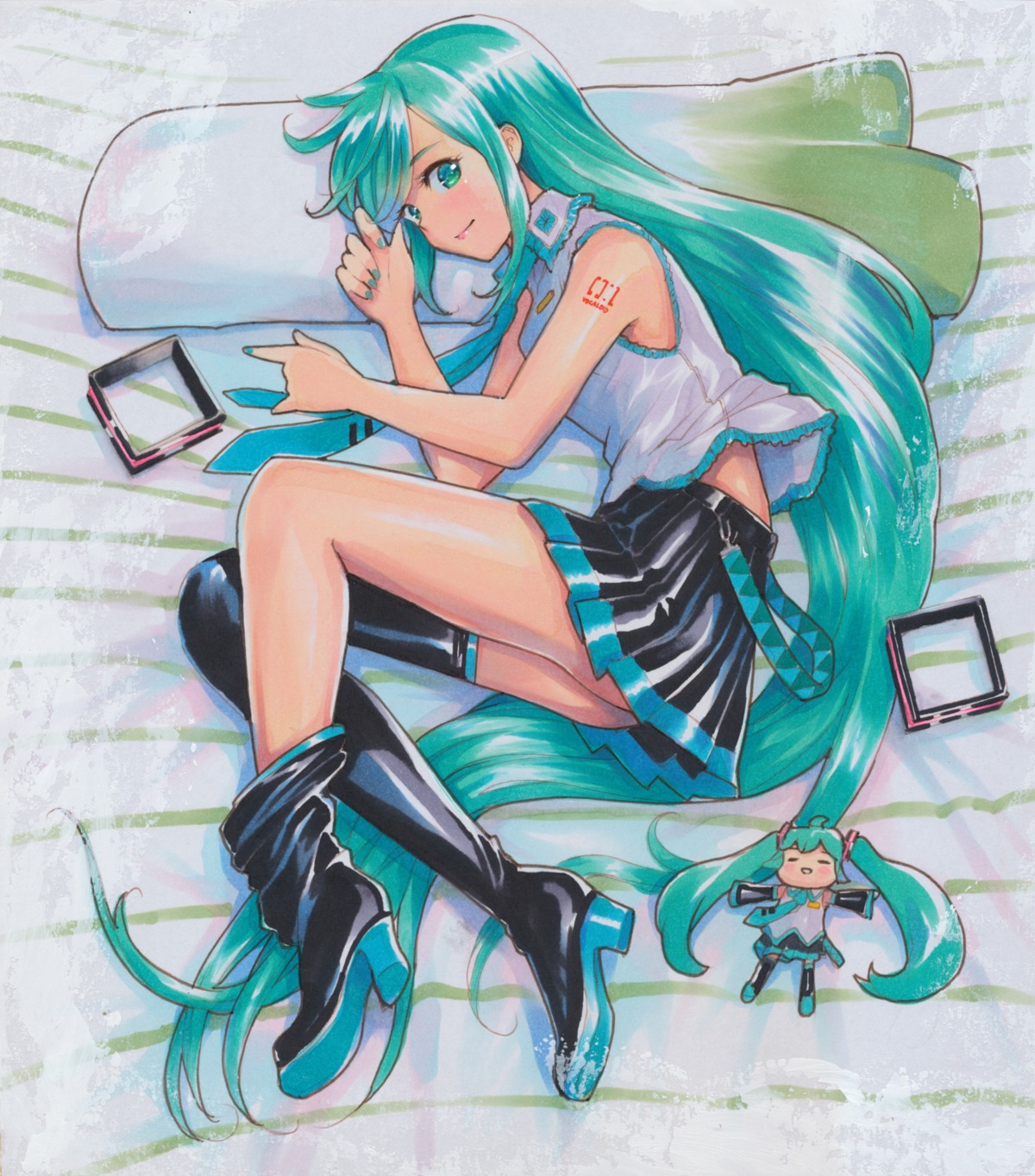 ass, chibi, hatsune_miku, heels, mayo_riyo, skirt_lift, tattoo, vocaloid