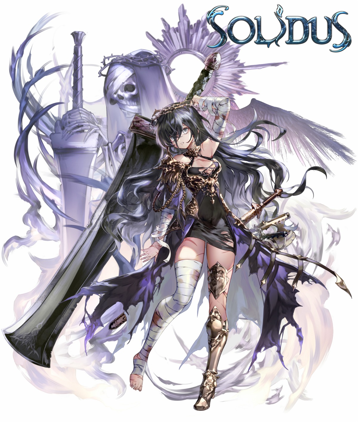 armor, bandages, black_joa, blood, dress, heels, solidus, sword