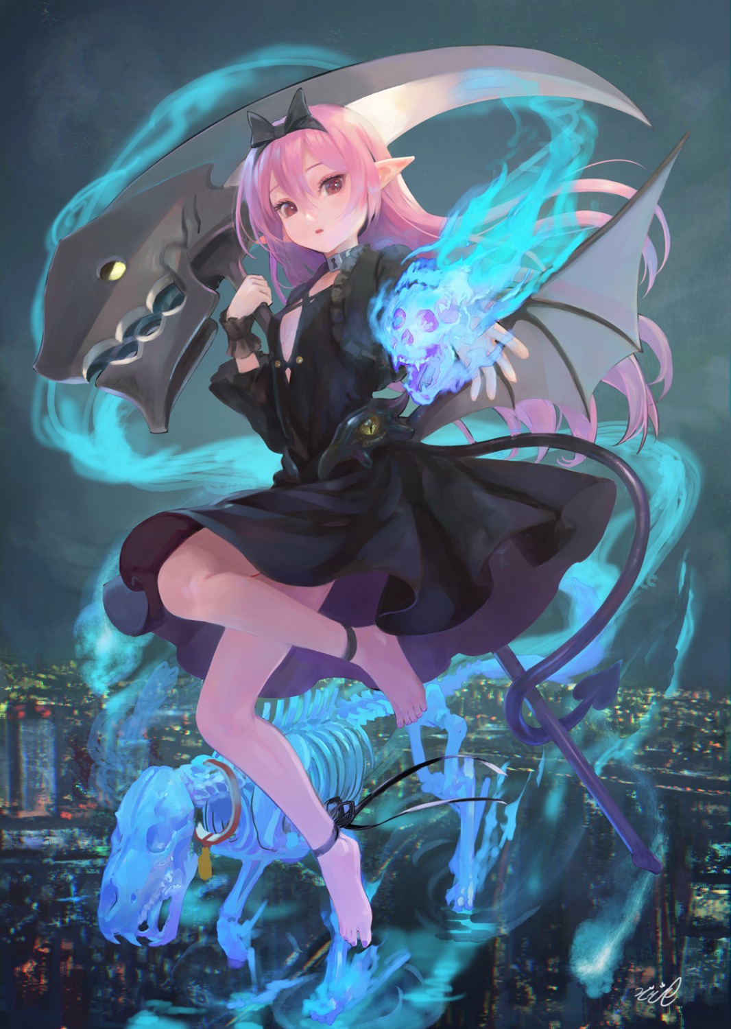 dress, mizore_akihiro, pointy_ears, skirt_lift, tail, weapon, wings