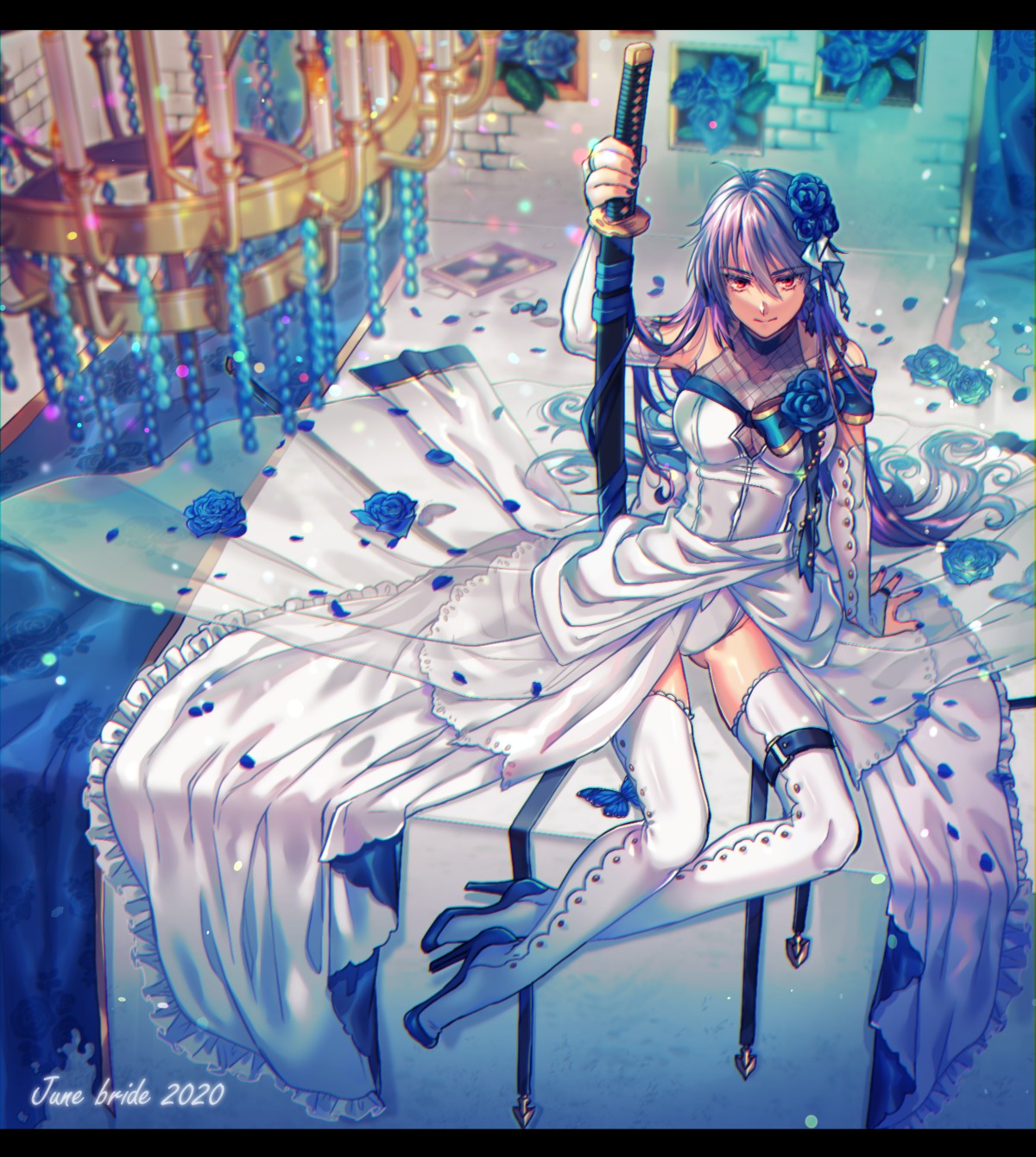 dress, garter, heels, leotard, see_through, sword, tatsuuma_daisuke, thighhighs, wedding_dress