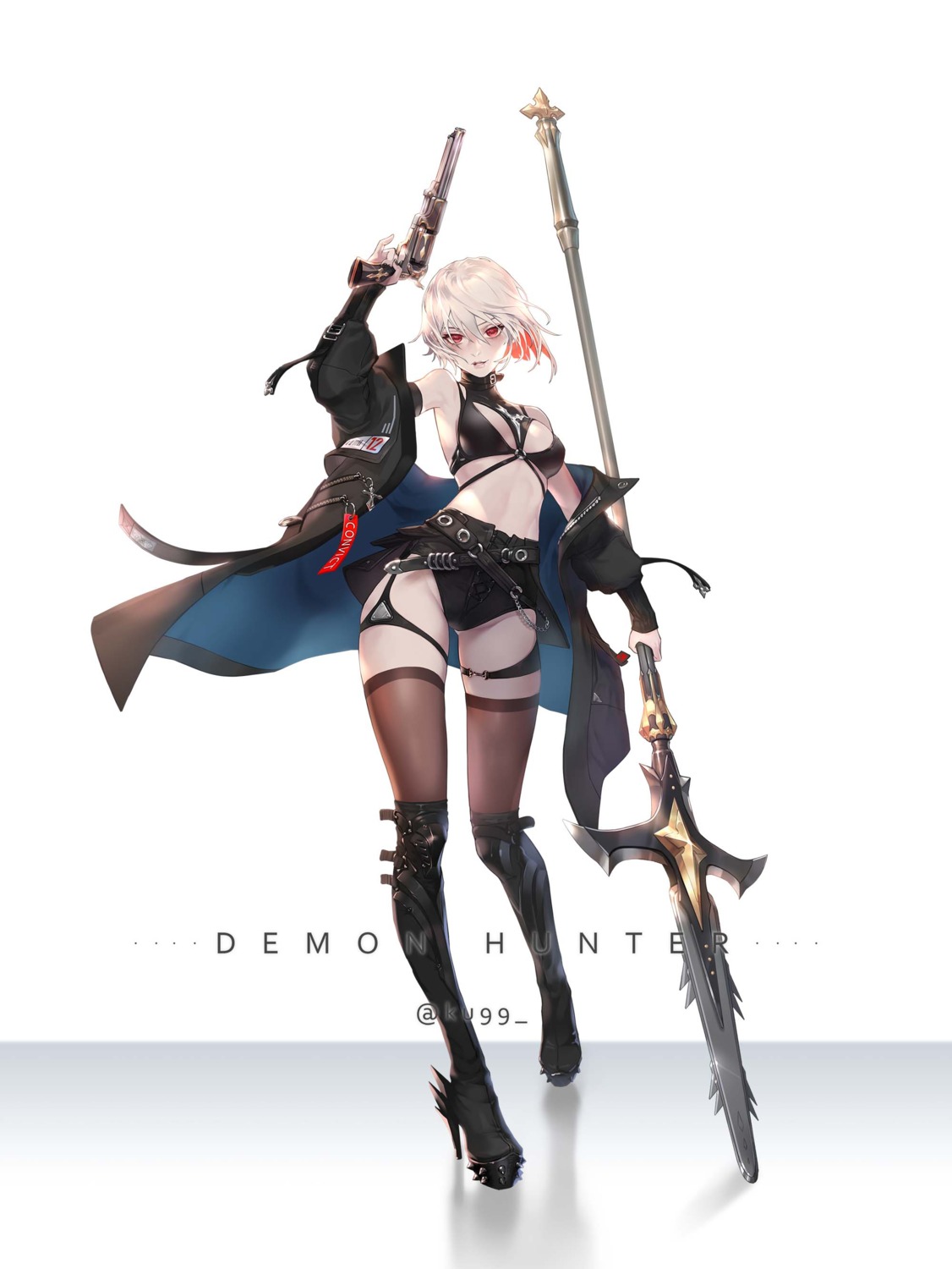 bikini_top, garter, gun, heels, ku99_(kugugu), open_shirt, swimsuits, thighhighs