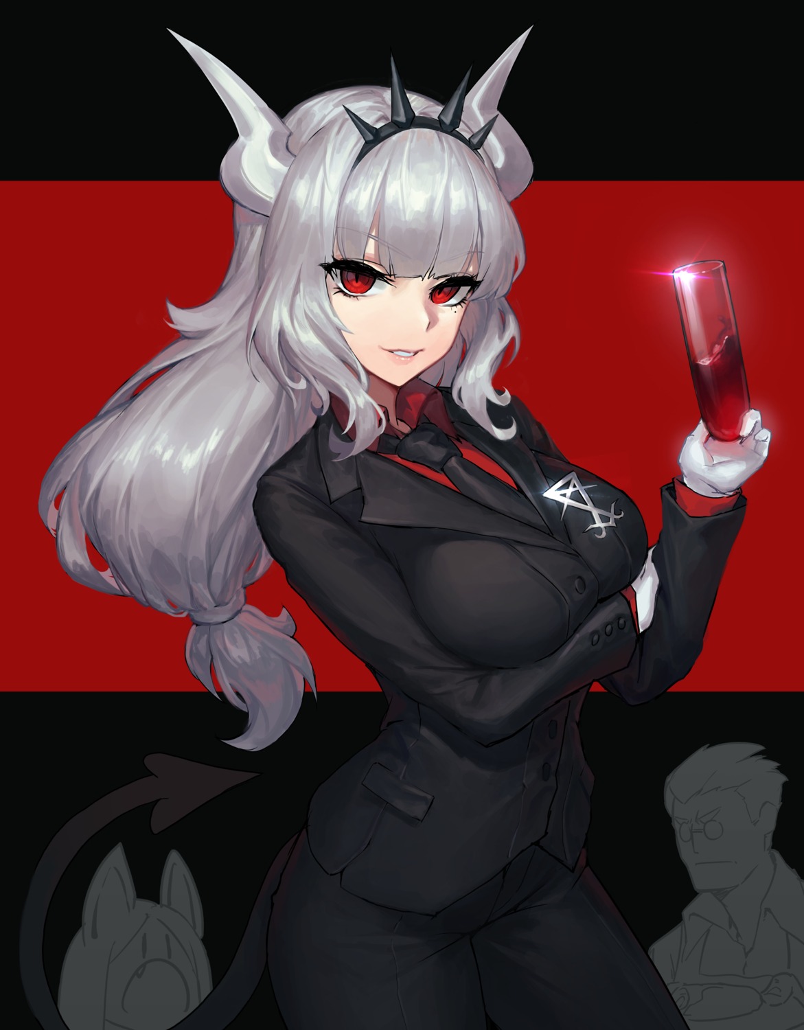 breast_hold, business_suit, dekka, helltaker, horns, lucifer_(helltaker), tail