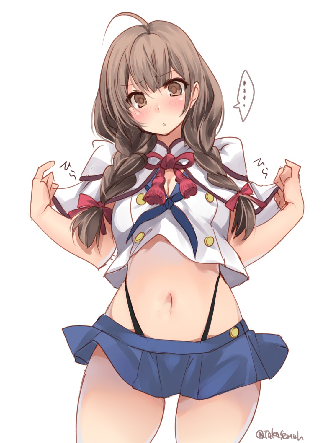 cleavage, cosplay, kantai_collection, pantsu, seifuku, shinshuu_maru_(kancolle), skirt_lift, takase_muu