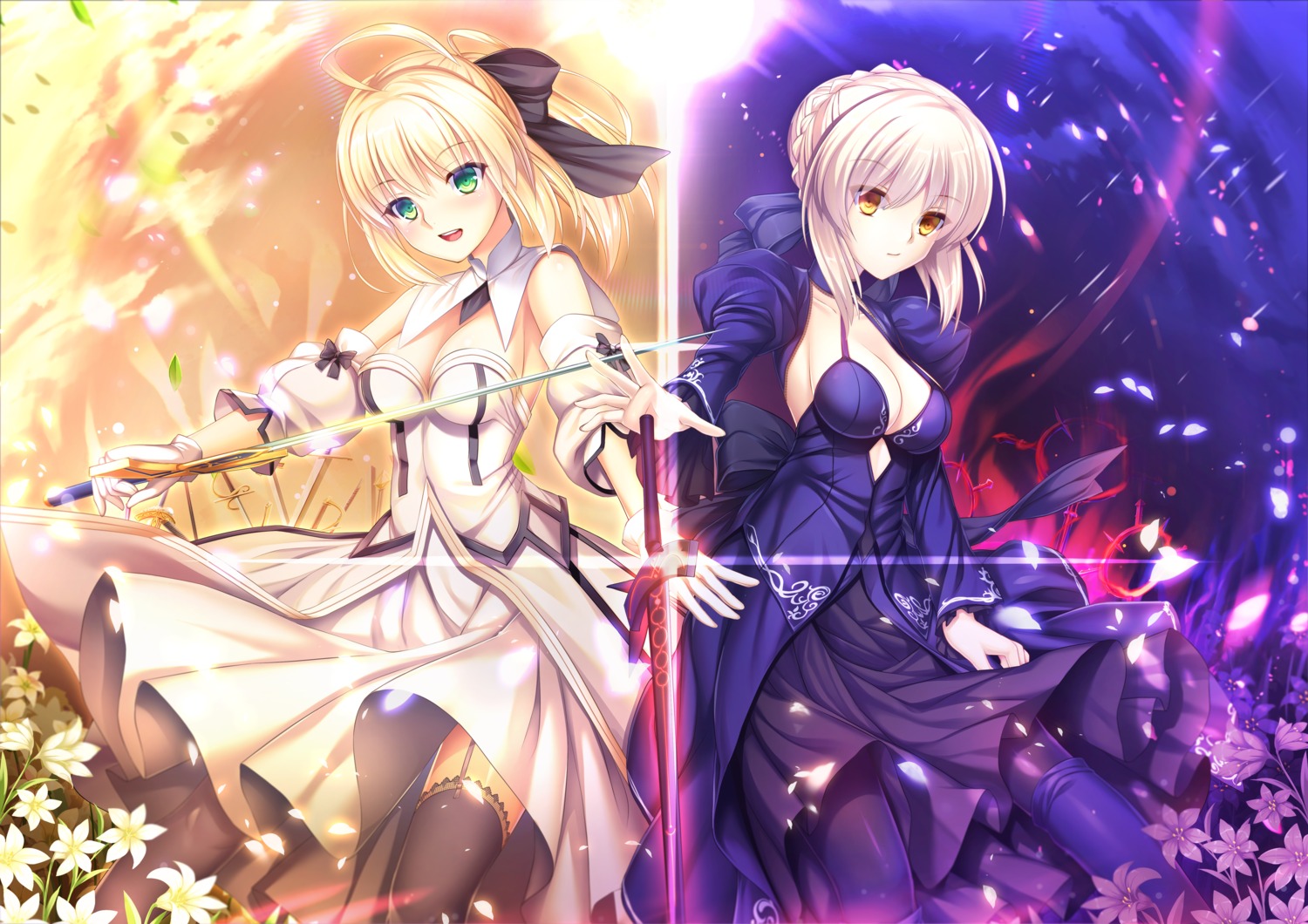 artoria_pendragon_(fate), artoria_pendragon_alter_(fate), dress, fate/grand_order, no_bra, pantyhose, skirt_lift, stockings