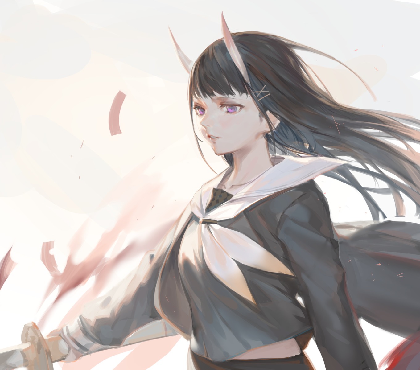 azur_lane, horns, jam_(nandade), noshiro_(azur_lane), seifuku, shirt_lift, sword