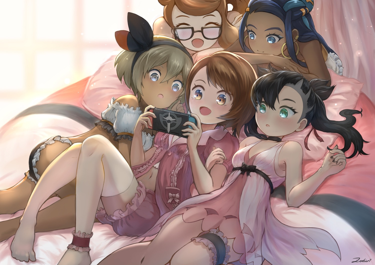 bloomers, cleavage, dress, edy_setiawan_wijaya, garter, lingerie, mary_(pokemon), megane, pantsu, pokemon, pokemon_swsh, rurina_(pokemon), saitou_(pokemon), sonia_(pokemon), yuuri_(pokemon)