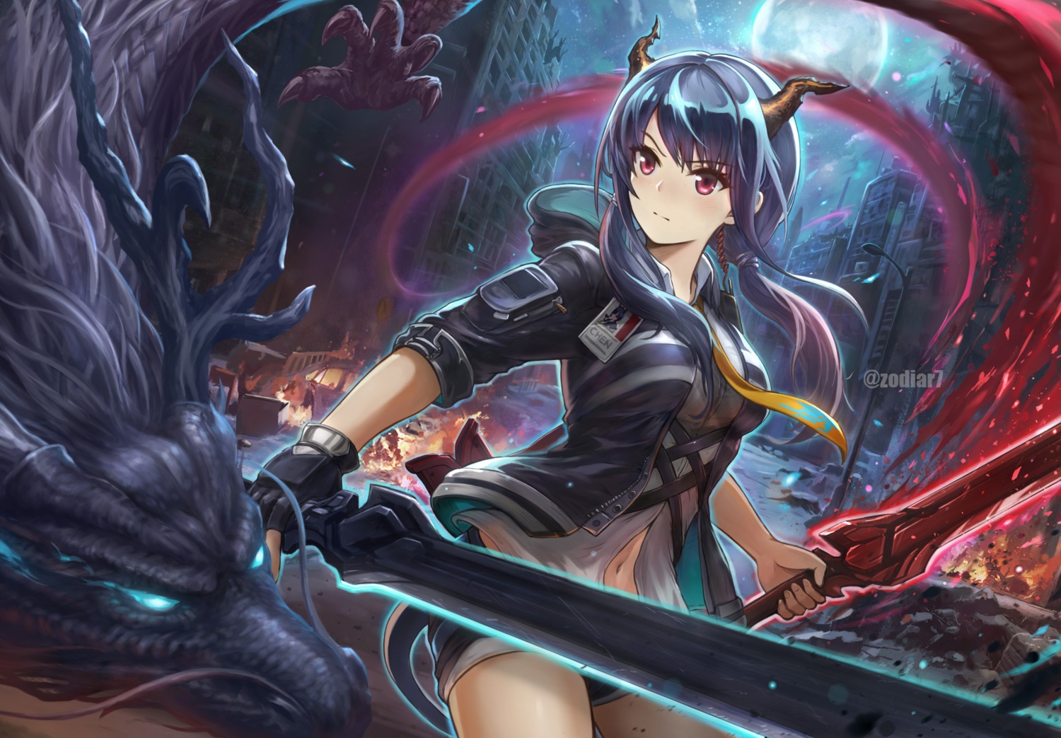 arknights, ch'en_(arknights), edy_setiawan_wijaya, horns, monster, sword
