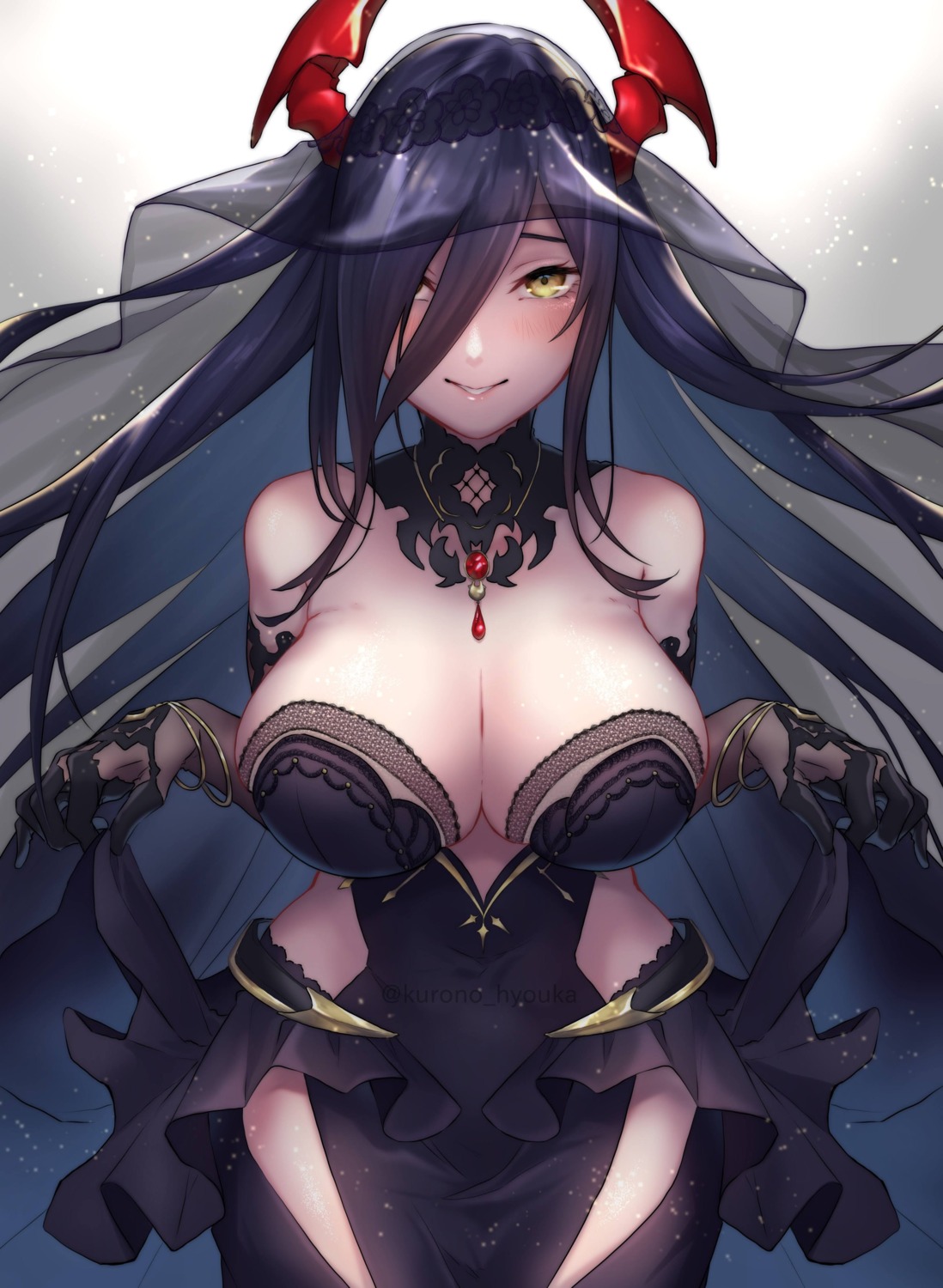 azur_lane, cleavage, dress, friedrich_der_grosse_(azur_lane), horns, kurono_hyouka, no_bra, see_through, skirt_lift, wedding_dress