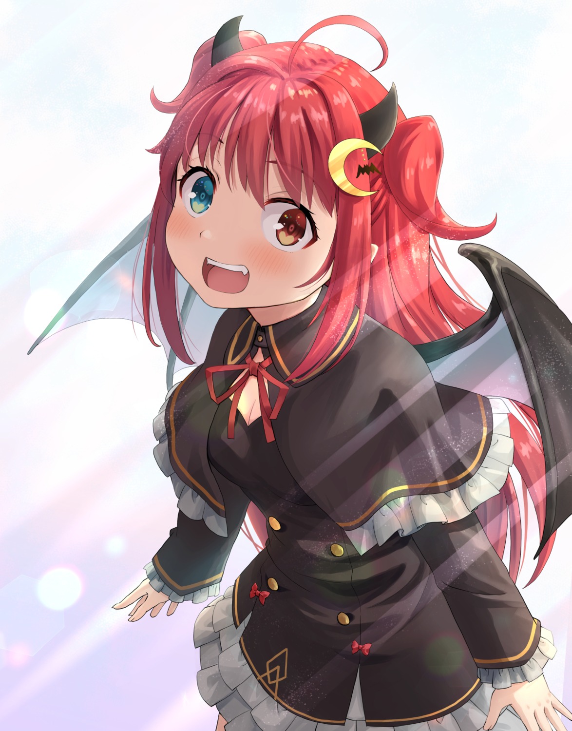 cleavage, haniwa_(leaf_garden), heterochromia, horns, nijisanji, pointy_ears, wings, yuzuki_roa