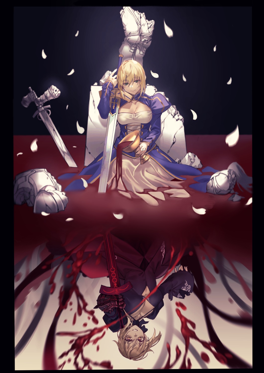 artoria_pendragon_(fate), artoria_pendragon_alter_(fate), blood, cleavage, dress, fate/stay_night, hiro_(hirohiro_gorira), sword, wet