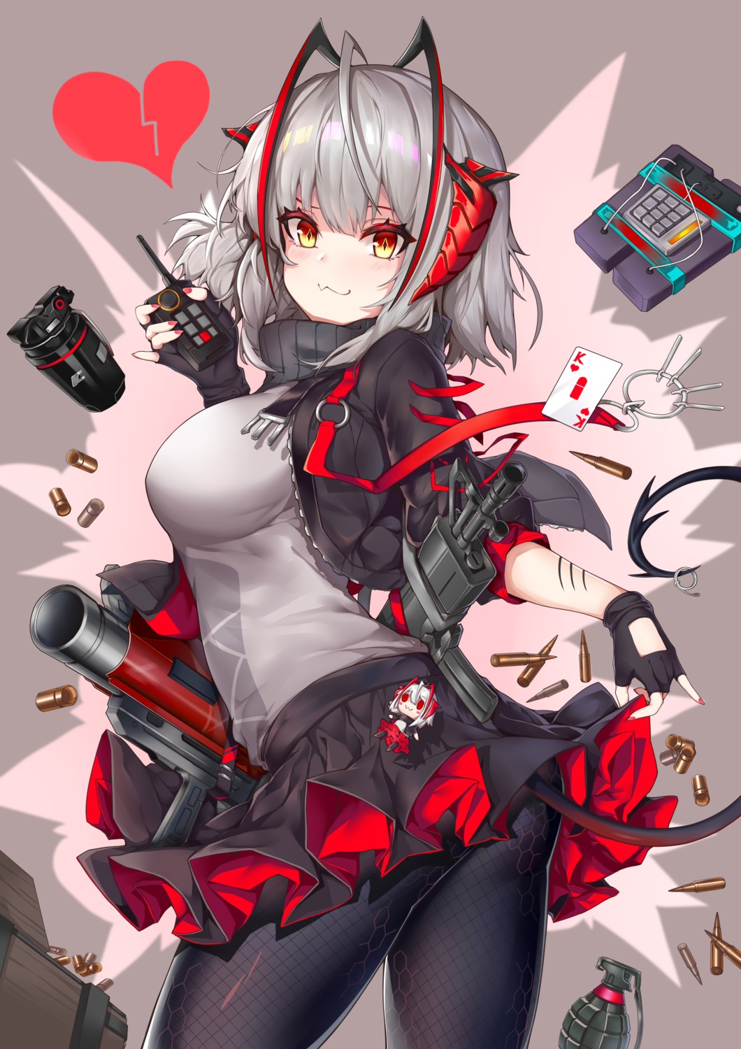 arknights, ass, chibi, fishnets, gun, horns, pantyhose, skirt_lift