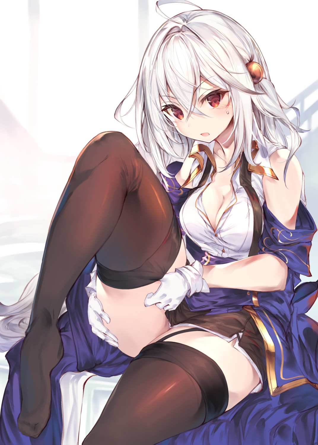 cleavage, fal_maro, ninym_ralei, open_shirt, stockings, tensai_ouji_no_akaji_kokka_saiseijutsu_~souda_baikoku_shiyou~, thighhighs